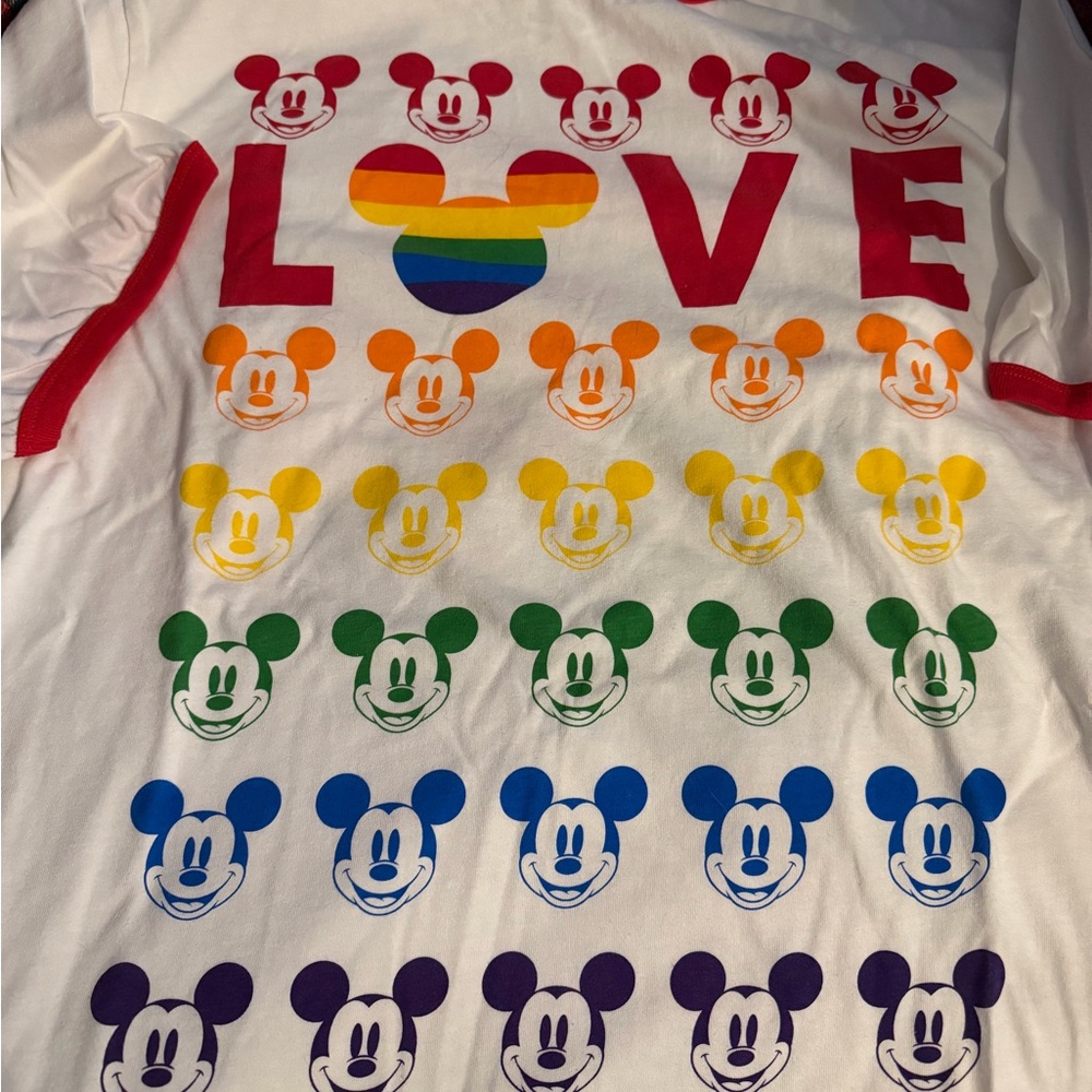 Disney White Tee with Rainbow Mickey LOVE Graphic and Red trim